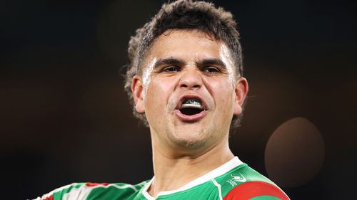  Latrell Mitchell of the Rabbitohs speaks to the crowd during the round 18 NRL match between the Canterbury Bulldogs and the South Sydney Rabbitohs at Stadium Australia, on July 17, 2022, in Sydney, Australia. (Photo by Mark Kolbe/Getty Images)