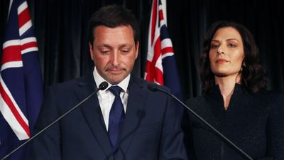 Leader of the Victorian Liberal party Matthew Guy and wife Renae announce defeat.