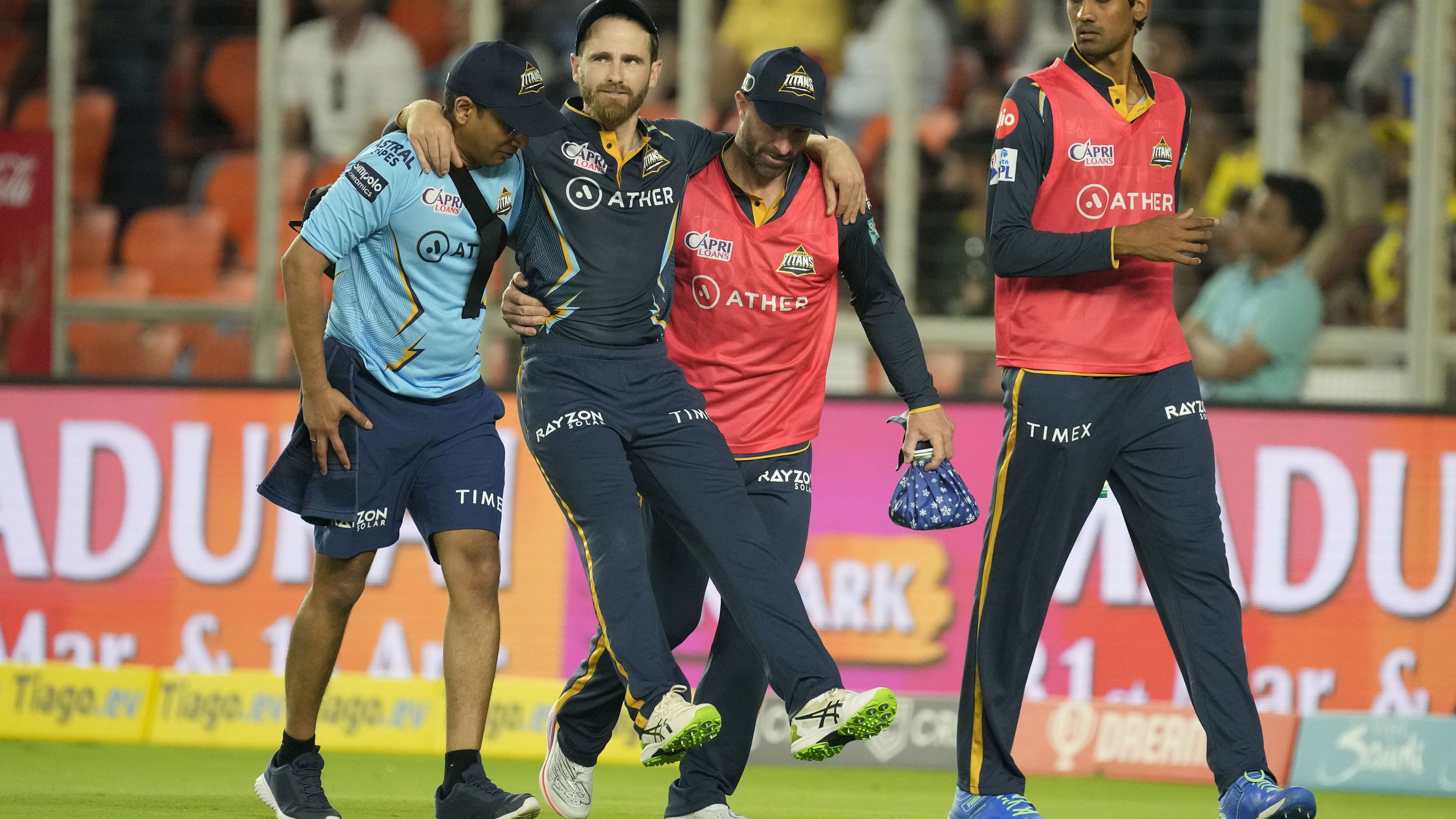 Gujarat Titan&#x27;s Kane Williamson is carried off the field after he got injured while fielding during their Indian Premier League (IPL) match against Chennai Super Kings in Ahmedabad.