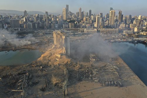 A drone picture shows the destruction after an explosion at the port of Beirut, on Aug. 5, 2020. 