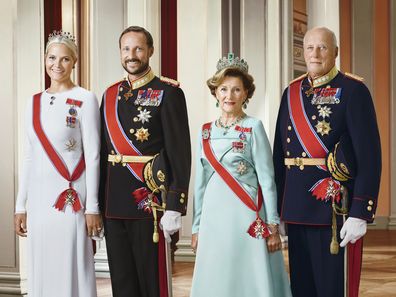 In this handout photo provided by the Royal Court, Princess Mette-Marit of Norway, Crown Prince Haakon of Norway, Queen Sonja of Norway and King Harald V of Norway pose for an official photograph from the Royal Court on January 15, 2016 in Oslo, Norway.
