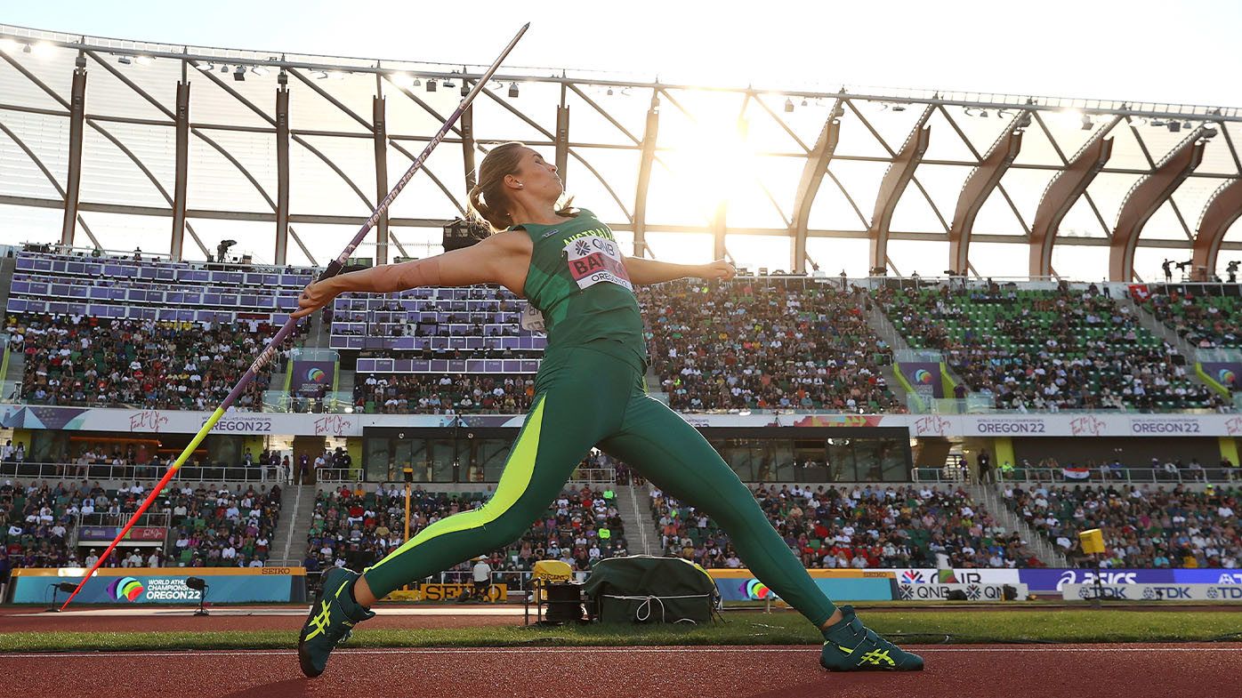 Australian javelin champion Kelsey-Lee Barber in action at the 2022 World Athletics Championships in Eugene, where she won gold.