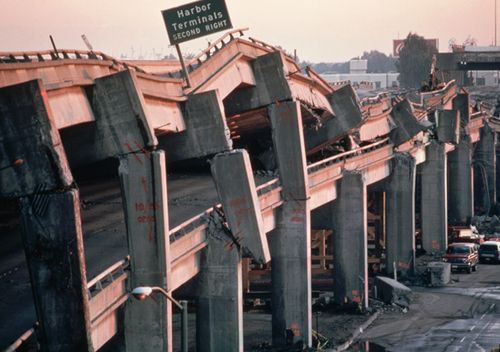 The remains of the Cypress Freeway, which ran through the centre of Oakland, following the San Francisco, or Loma Prieta, Earthquake of 1989. The freeway literally collapsed like a house of cards. Although the quake hit at 5:04PM on a weekday, amazingly only 42 people were buried and killed by the falling roadway.