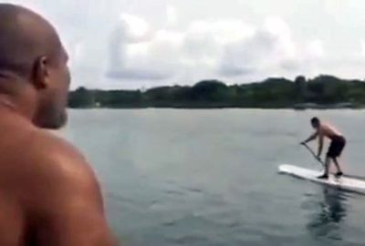 <b>Shannon Briggs knows no boundaries when it comes to his verbal vendetta against heavyweight champion Wladimir Klitschko.</b><br/><br/>True to his word to ‘go wherever’ Klitschko goes, Briggs has taken to the high seas to taunt the Ukrainian as he enjoys a paddle board ride.<br/><br/>Onboard a circling boat, the US boxer continually abuses Klitschko before the wake finally knocks the champ into the water.    <br/><br/>This incident is the latest in a long line of bizarre Briggs' attempts to annoy Klitschko into a title showdown.