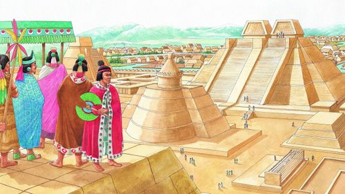 Aztec nobles and warriors survey the ceremonial center of Tenochtitlan. The temple of Quetzalcoatl is before them and beyond it the great double temple pyramid dedicated to Huitzilopochtli, the God of War, and Tlaloc, the Rain God. Nearby is the tzompantli or skull rack, where the heads of sacrificial victims were put on display. In the distance are groups of houses and gardens. (Photo by: Brown Bear/Windmil Books/UIG via Getty Images)