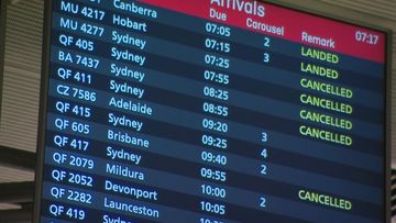 A departure and arrivals board at an airport reflects border closures across Australia, in reaction to the cluster outbreak at Sydney&#x27;s Northern Beaches.
