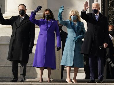 President-elect Joe Biden, his wife Jill Biden and Vice President-elect Kamala Harris and her husband Doug Emhoff arrive at the steps of the U.S. Capitol for the start of the official inauguration ceremonies, in Washington, Wednesday, Jan. 20, 2021. (AP Photo/J. Scott Applewhite)