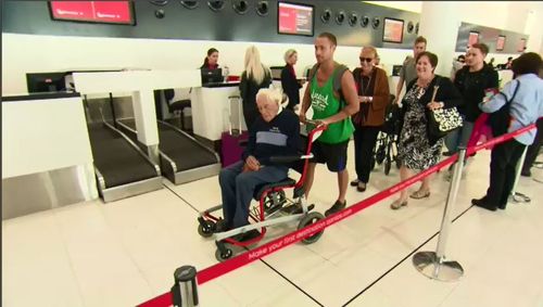 Flanked by family members, the 104-year-old ecologist is travelling to Europe to complete his end-of-life plan at a voluntary euthanasia organisation in Basel. Picture: 9NEWS.