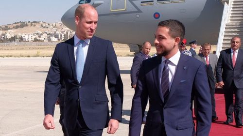 Prince William begins his tour after meeting Jordan's Crown Prince Al Hussein bin Abdullah II at the airport.