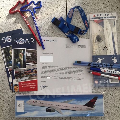 Ben was excited to receive a pile of merchandise from Delta Airlines as well as two model planes. (Consumerist)