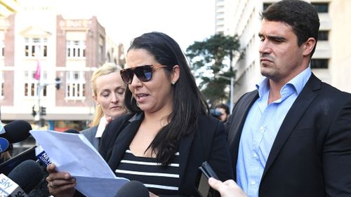 The former house-mate of Fabiana Palhares, Bianca Goeuveia (left), gives a statement outside the Supreme Court in Brisbane today. Picture: AAP