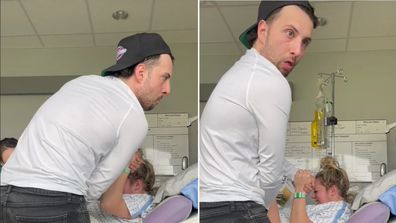 Dad gagging as wife gives birth.