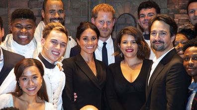 Britain's Prince Harry and Meghan, Duchess of Sussex meet the cast after a gala performance of the musical Hamilton