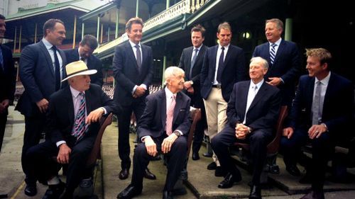Richie Benaud pictured with the Nine cricket team at the season launch today. (9NEWS)