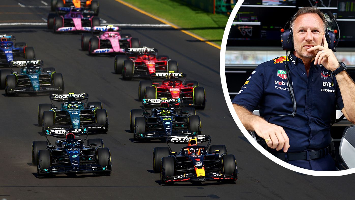 Red Bull Racing team boss Christian Horner and an inset of the start of the Australian Grand Prix.