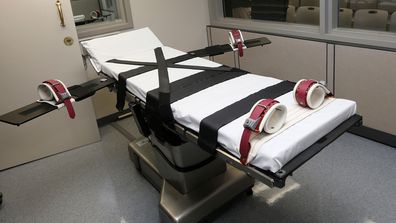 This photo shows the gurney in the execution chamber at the Oklahoma State Penitentiary in McAlester, Oklahoma.