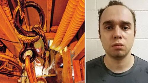 Daniel Beckwitt, 27, of Bethesda, Maryland, and a photo of the 'daisy chain' of cables in the tunnel system (Montgomery County Court)