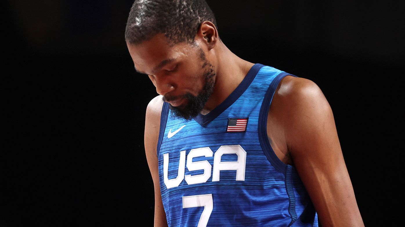 Kevin Durant of Team United States walks off the court with his head down after the United States lost to France in the Men&#x27;s Basketball Preliminary Round Group B game.