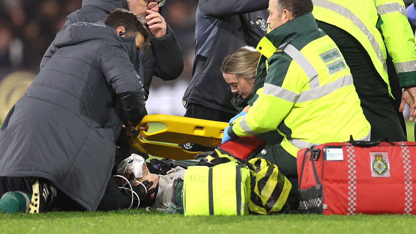 Tom Lockyer of Luton Town receives emergency attention after collapsing during the Premier League match between AFC Bournemouth and Luton Town at Vitality Stadium on December 16, 2023 in Bournemouth, England. (Photo by Warren Little/Getty Images)