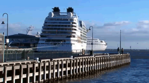 The cruise ship got stuck as winds of up to 100km/h battered parts of Melbourne. (9NEWS)