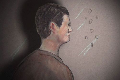 A court sketch of Alex McEwan, who is accused of the murder in Brisbane's CBD.