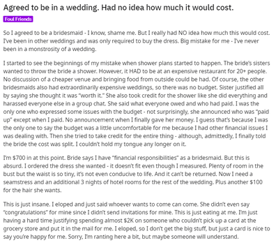 Reddit bridesmaid wedding cost