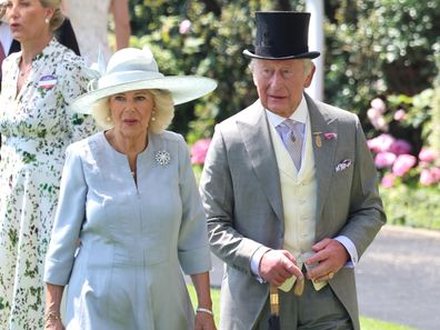 Queen Camilla and King Charles III attend day three of Royal Ascot at Ascot Racecourse on June 19, 2025 in Ascot, England. 