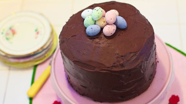 Easter egg one-bowl chocolate layer cake with chocolate mousse icing