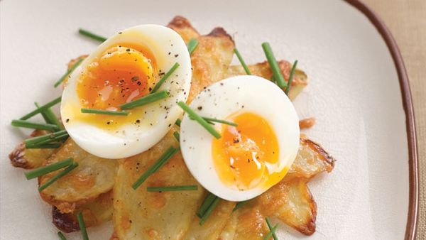 Potato stacks and soft boiled eggs