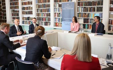 Kate, Duchess of Cambridge listens as Health Secretary Sajid Javid, second left,  speaks, during a roundtable with the Royal Foundation Centre for Early Childhood and government ministers, at the Royal Institution, in London, Thursday June 16, 2022. 