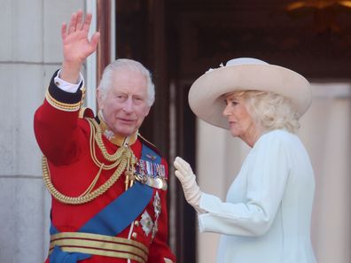 King Charles III and Queen Camilla during Trooping the Colour at Buckingham Palace on June 15, 2024 in London, England. 