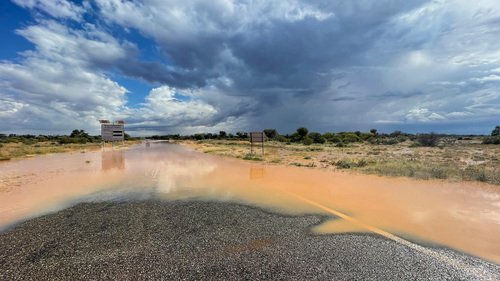 Flooding is seen on Silver City Highway just south of Packsaddle in outback NSW.