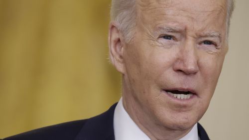 U.S. President Joe Biden speaks on Russia and Ukraine in the East Room of the White House in Washington, D.C., U.S., on Tuesday, Feb. 22, 2022. Biden is addressing the situation in Ukraine, with the U.S. expected to announce new sanctions after the European Union and the U.K. set out an initial set of penalties targeting Moscow. Photographer: Samuel Corum/Bloomberg