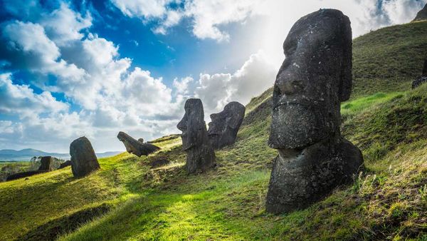 The famous Moai statues stand at Rano Raraku on Easter Island, Chile. Their stone bodies are buried underneath the ground.