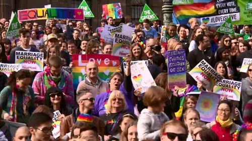Protesters stood among a sea of pride flags, calling for the Abbott government to allow a free vote on marriage equality. (9NEWS)