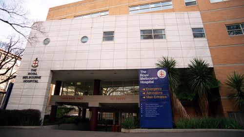 The Royal Melbourne Hospital Emergency entrance viewed at street level, from Royal Parade