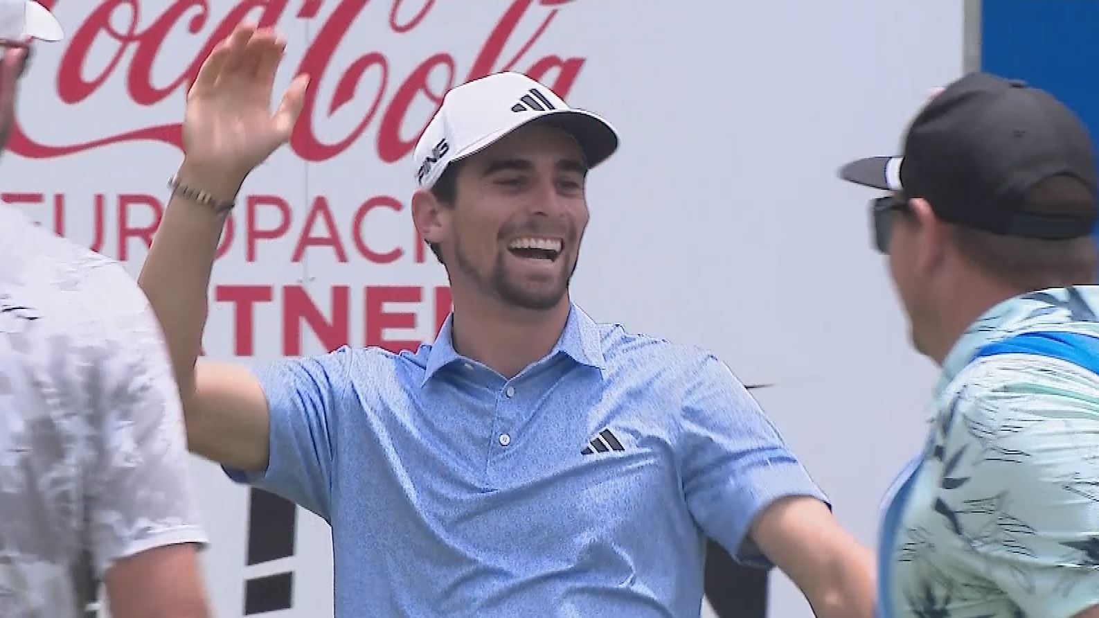 Joaquin Niemann celebrates hitting a hole-in-one at the par-3 fourth during the fourth round of the Australian PGA Championship at Royal Queensland.