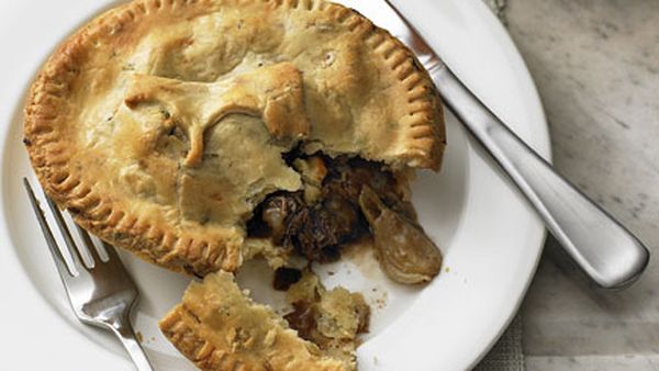 Beef cheek, onion and stout pies with thyme and onion pastry