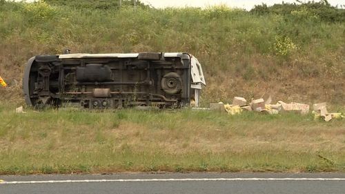 The vehicle rolled on the Western Freeway near Ballarat about 2pm today.