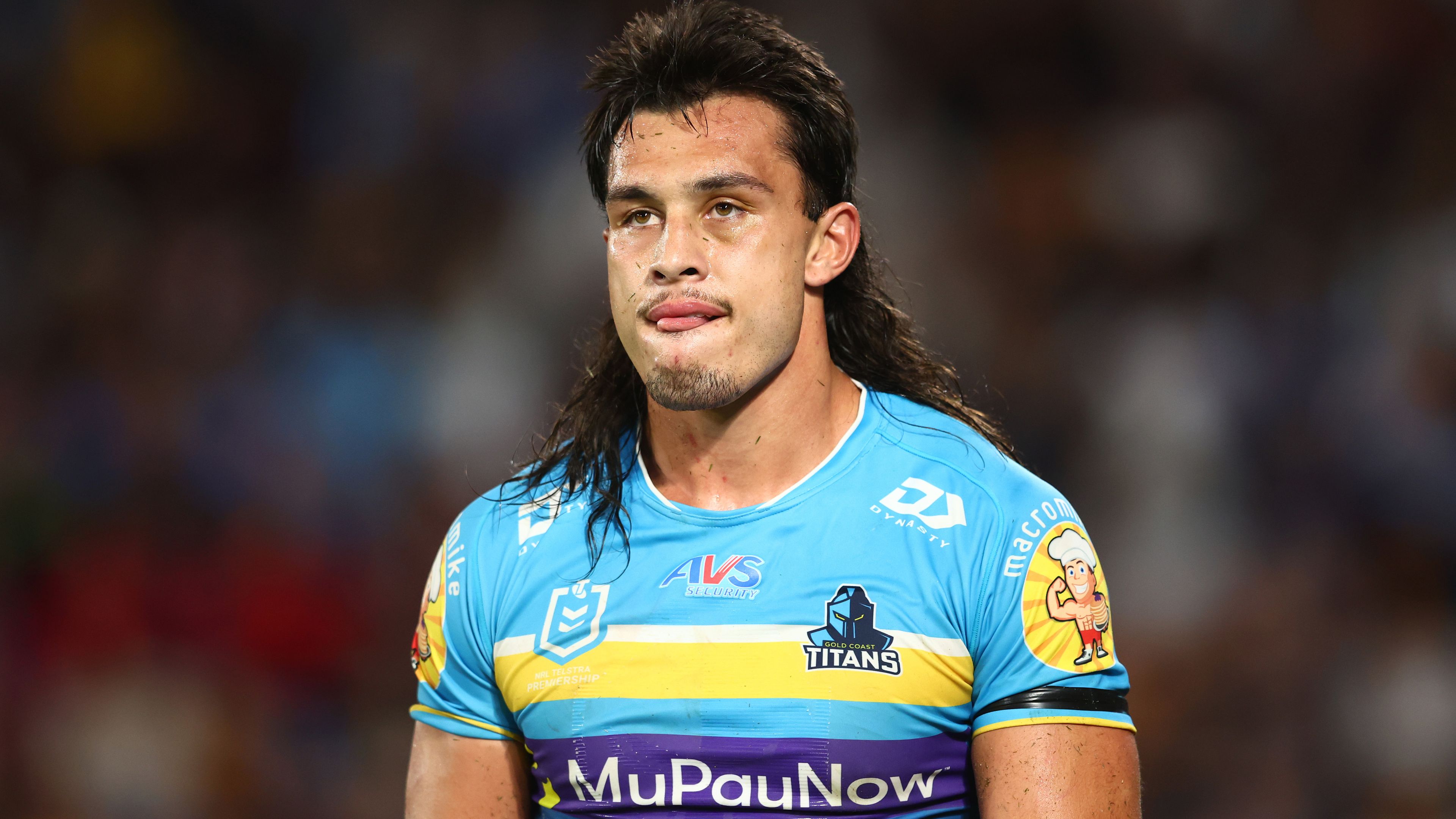 GOLD COAST, AUSTRALIA - APRIL 15: Tino Fa&#x27;asuamaleaui  of the Titans is send off during the round seven NRL match between Gold Coast Titans and Brisbane Broncos at Cbus Super Stadium on April 15, 2023 in Gold Coast, Australia. (Photo by Chris Hyde/Getty Images)
