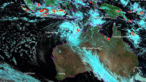 A tropical low developing NNW of Broome, on the Western Australian coast, is expected to reach cyclone intensity late on Monday or on Tuesday.