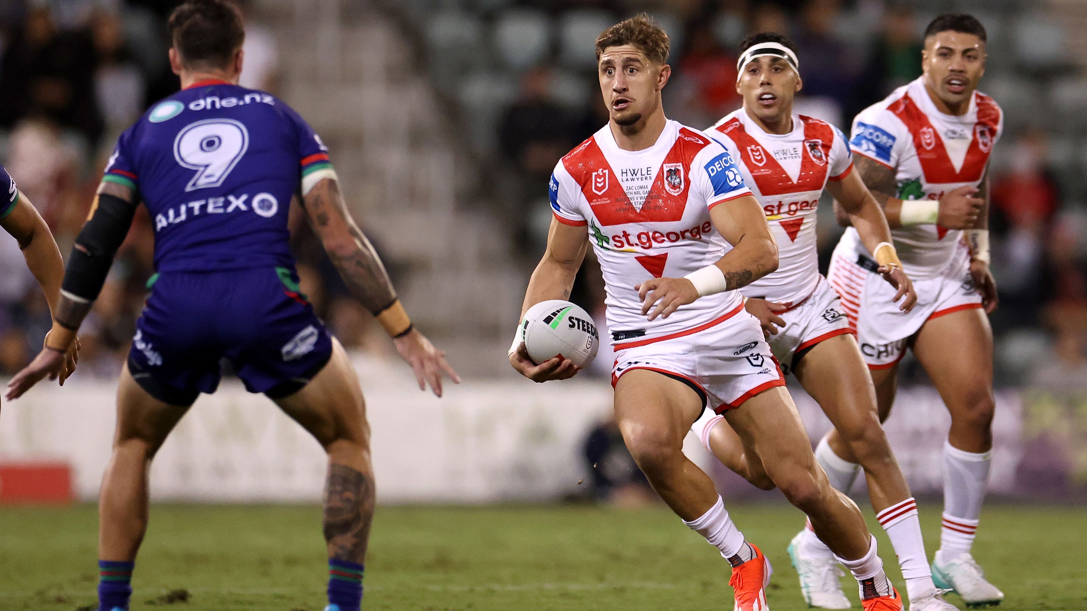 Zac Lomax runs the ball during the round seven NRL match between the St George Illawarra Dragons and the Warriors at WIN Stadium.