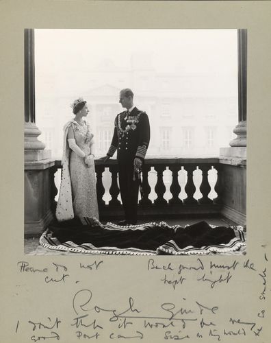 Antony Armstrong-Jones photo of Queen Elizabeth II and Prince Philip - proof with handwritten instructions, 1958.