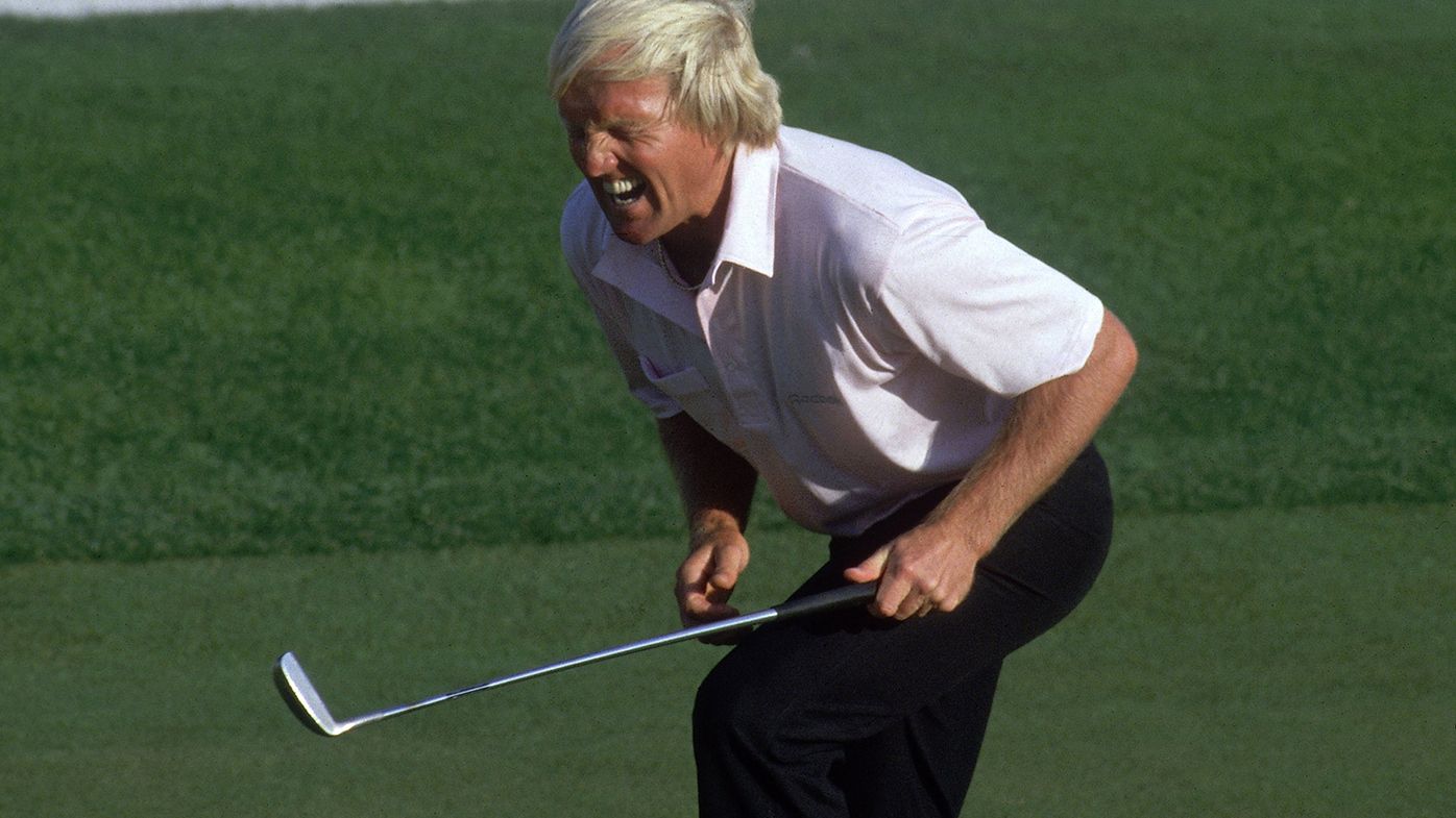 Greg Norman misses a putt on the final hole of the 1987 Masters that would have won the tournament.