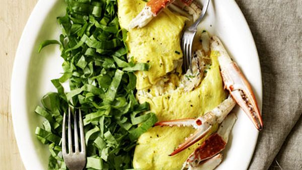 Blue swimmer crab omelette with sorrel