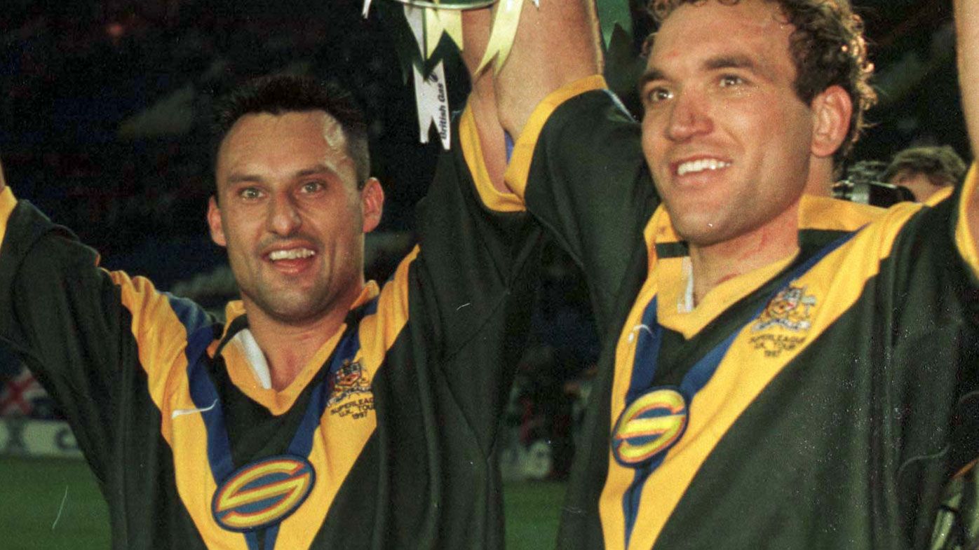 Laurie Daley and Gorden Tallis after a match for the Super League Australian team in 1997.