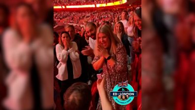 Radio duo Carrie Bickmore and Tommy Little help Aussie couple get engaged in London during Ed Sheeran concert.