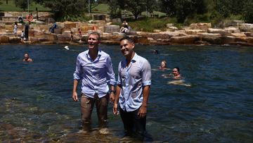 Minister for Infrastructure, Cities and Active Transport Rob Stokes and Member for Sydney Alex Greenwich at Marrinawi Cove, at the north-east corner of Barangaroo Reserve which is the first new harbour swimming spot to open west of the Harbour Bridge in more than 50 years. 