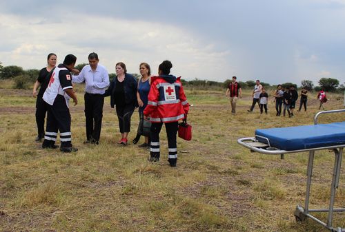 Passengers miraculously walking away from the wreckage of the Aeromexico plane alive, and on foot. Picture: AAP