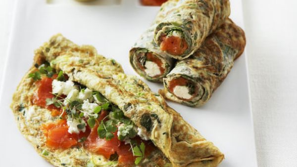 Thin herb frittatas with feta and smoked ocean trout